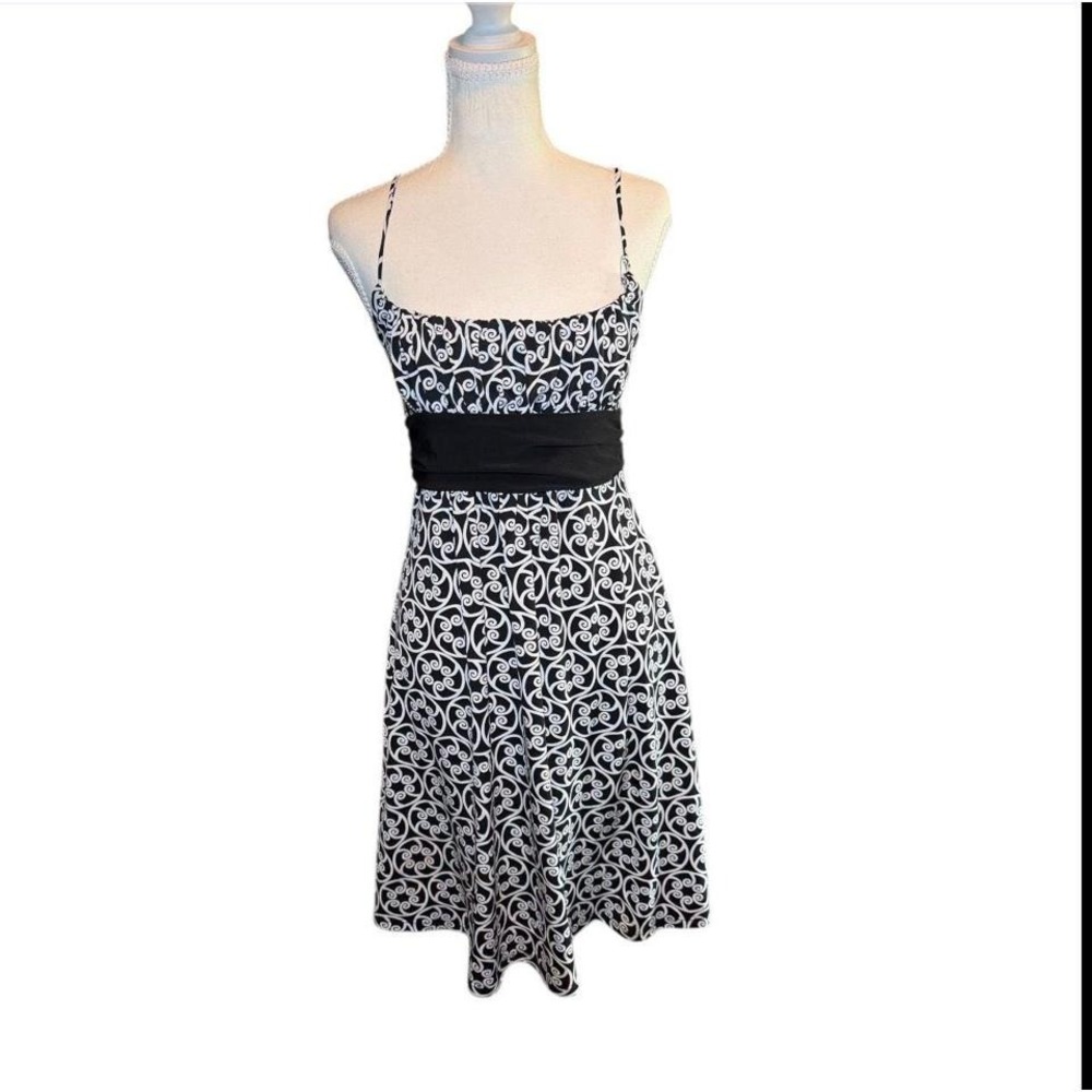 Soprano Black White Scroll Print Empire Waist Dress Spaghetti Strap S